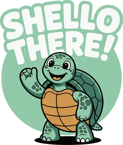 Shello There! - turtle, cartoon, greeting, cheerful, waving, smiling, green, text, playful, design Shello There! - turtle, cartoon, greeting, cheerful, waving, smiling, green, text, playful, design