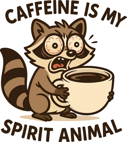 Caffeine is My Spirit Animal Raccoon Coffee Lover Art - Caffeine, spirit animal, coffee, raccoon, coffee lover, coffee addict, funny coffee, morning person, night owl, tired, wired, espresso, barista, coffee humor, animal art, cartoon, cute raccoon, relatable, gift for coffee lover, energy drink