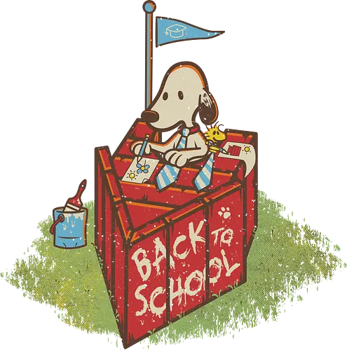 Back to school - back to school, red dog house, white dog, beagle, yellow bird, cute, vintage cartoon, cartoons, new school, desk, ties, funny