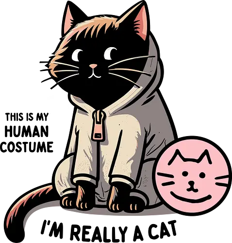 This is my human costume, I’m really a cat - cat, costume, hoodie, humorous, caption, playful, black, pink, drawing, disguise