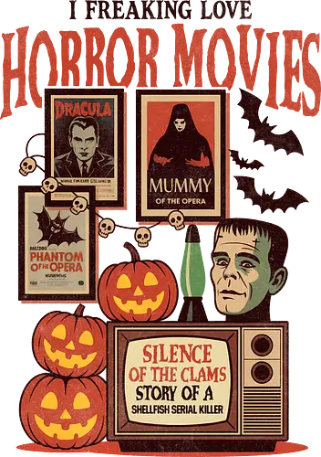 I Freaking Love Horror Movies Classic Monster - Horror movies, I love horror movies, classic horror, monster movies, Dracula, Mummy, Phantom of the Opera, Halloween, spooky, retro horror, vintage horror, horror fan, horror lover, movie poster, bats, skulls, jack-o'-lanterns, macabre, scary, film buff, horror gift