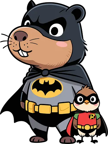 adorable crime-fighting - Bat, Robin, beaver, bird, superhero, animal art, cute superhero, DC Comics, funny animal, cartoon animal, Gotham, dynamic duo, comic art, kids art, unique gift, pop culture, animal lover, pet art, whimsical, justice league