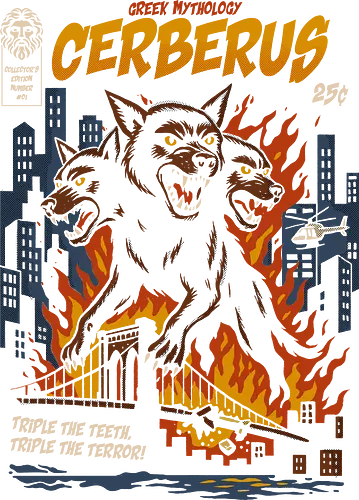 Cerberus Attack - cerberus, three headed dog, greek mythology, underworld guardian, mythological creature, monster art, retro comic design, fiery artwork, vintage illustration, hellhound, epic fantasy art, dark mythology, legendary beast, monster illustration, bold design, fiery chaos, greek legend, mythology t-shirt, retro poster, epic dog