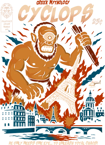 Cyclops Attack - cyclops, greek mythology, one eyed giant, monster art, retro comic design, vintage illustration, epic destruction, paris chaos, mythology t-shirt, urban chaos art, vintage comic style, mythological beast, fantasy poster, legendary creature, fiery artwork, fantasy monster, bold retro art, powerful giant, greek legend, monster illustration