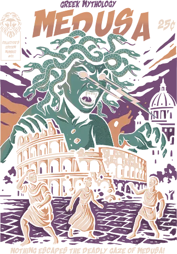 Medusa Attack - medusa, greek mythology, gorgon, snake hair monster, mythological creature, powerful female figure, retro comic design, vintage illustration, deadly gaze, legendary monster, epic mythology art, dark fantasy, mythology t-shirt, bold artwork, ancient legend, stone curse, fiery design, mythology poster, classic myth art, female monster