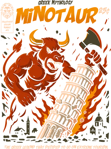 Minotaur Attack - vintage illustration, fiery art, mythological creature, bold design, retro poster art, fantasy t-shirt, mythic legend, powerful monster, greek legend, beast art, minotaur, greek mythology, mythology art, monster design, retro comic style, legendary beast, fantasy artwork, leaning tower of pisa, epic destruction, urban chaos