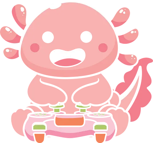 Axolotl and video game - axolotl, cute, pink, video game, controller, character, playful, animated, brown background, cartoon