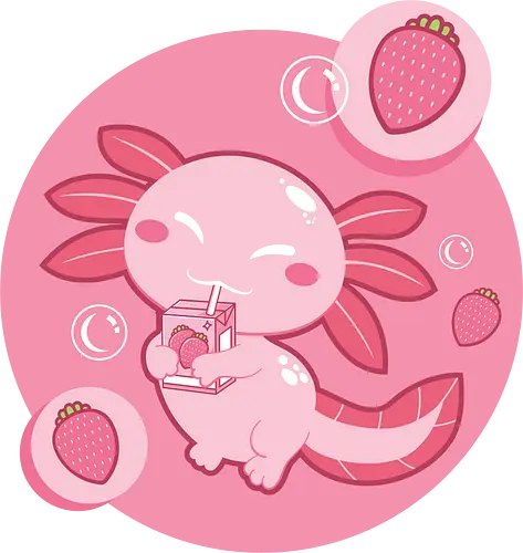 Axolotl and strawberry drink - axolotl, cute, strawberry, drink, pink, cartoon, bubbles, maroon, kawaii, adorable