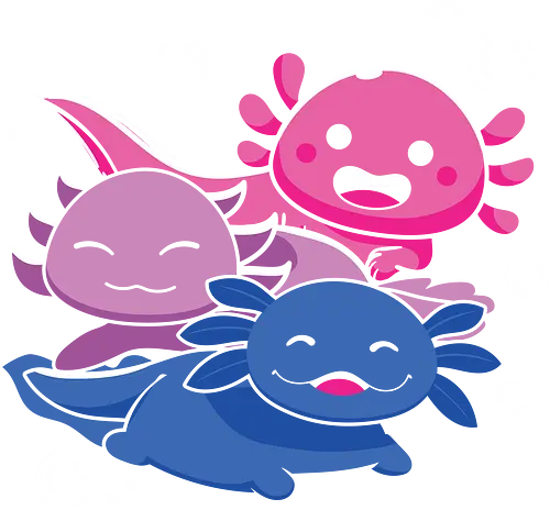 Three axolotls - axolotls, cartoon, cute, swimming, bubbles, pink, blue, purple, playful, aquatic