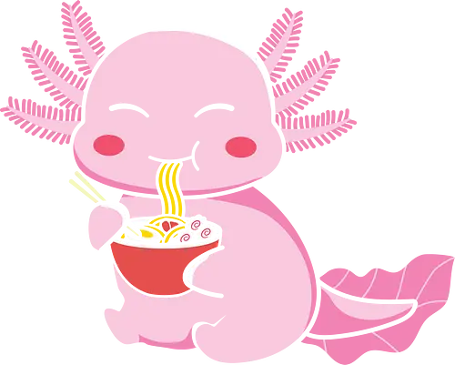Axolotl eating pasta - axolotl, noodles, chopsticks, cute, pink, cartoon, character, food, playful