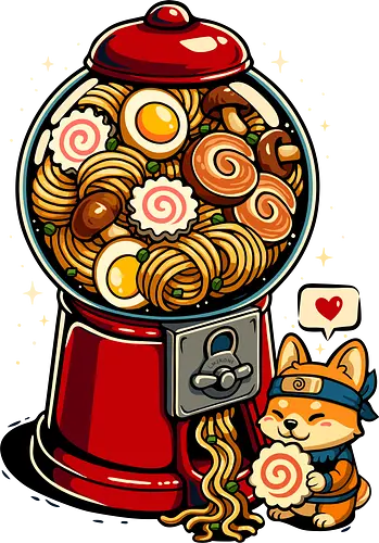 Gumball Ramen - Ramen, Kaugummi, Kaugummiautomat, Narutomaki, Anime, Manga, Essen, Feinschmecker, Popkultur, Ninja, Shinobi, LM2 Kone, Ästhetik, Illustration, Japan, Asiatisch, Nudeln, Corgi, Kawaii, Ramen-Nudeln