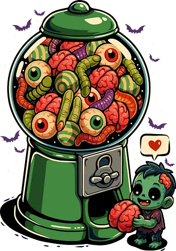 Gumball Halloween Zombie - Ästhetik, Süßigkeiten, Maisbonbons, süß, Geist, Kaugummi, Kaugummiautomat, Halloween-Süßigkeiten, Halloween-T-Shirt, Horror, Illustration, Monster, Kürbis, Summerween, Zombie, Gehirn, Zombie-Gehirn, lustig, Halloween, lm2kone