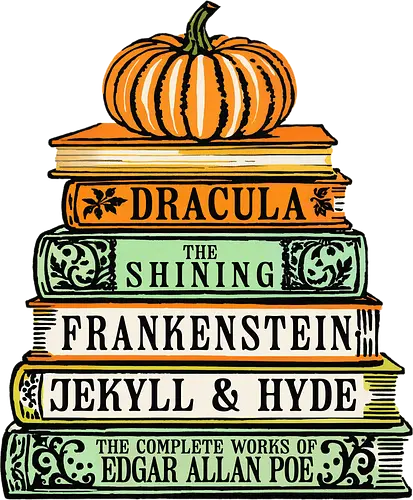 Chilling Classics Halloween Horror Books - Horror books, classic horror, Halloween, literary horror, Dracula, The Shining, Frankenstein, Jekyll & Hyde, Edgar Allan Poe, spooky books, book stack, pumpkin, horror literature, Gothic horror, scary stories, reading, bookworm, bibliophile, Halloween decor, horror fan