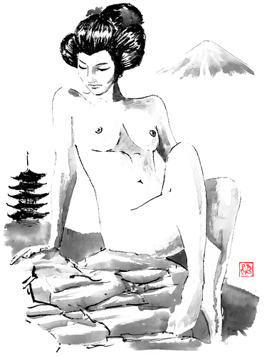 nude on the hill - nude, woman, geisha, hill, rocks, pagoda, fuji, mount, sumie, japan