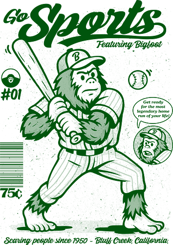 Go Sports Bigfoot - Bigfoot, sasquatch, baseball, cryptid, retro sports, folklore, monster illustration, vintage, whimsical, mythical creature