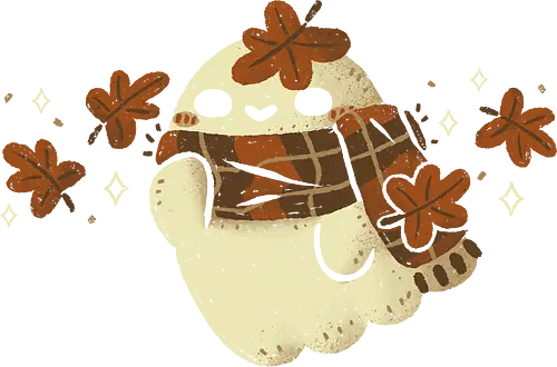 Autumn Ghost with Scarf and Leaves - cute ghost, kawaii ghost, autumn, autumn vibes, fall, leaves, scarf, warm, love, creepy cute, spooky, spirit, cozy, season, leaf, xmorfina