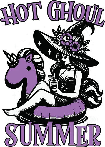 Hot Ghoul Summer - witch, unicorn float, summer, drink, whimsical, flowers, hat, black and white, purple, playful