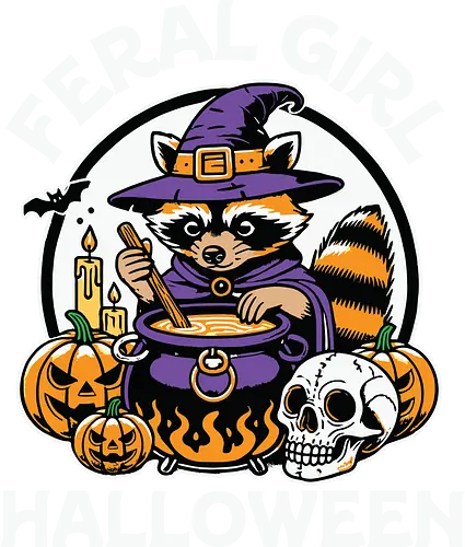 Feral Girl Halloween - raccoon, cauldron, witch, halloween, pumpkins, skull, spooky, costume, magic, potion