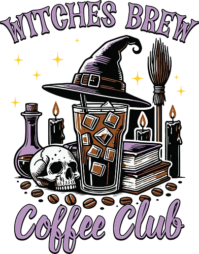 Witches Brew Coffee Club - witchcraft, coffee, skull, hat, candles, potions, spooky, books, stars, halloween