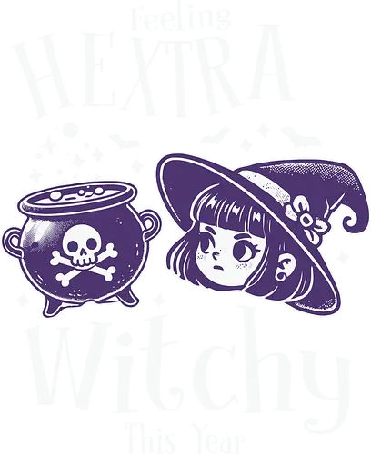 Feeling Hextra Witchy This Year - halloween, cauldron, witch, hat, bats, magic, stars, purple, whimsical, text