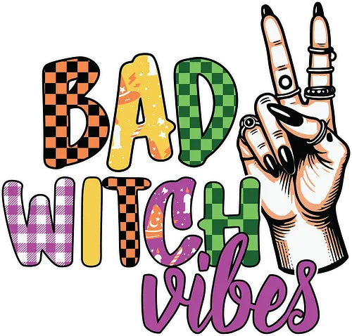 BAD WITCH VIBES - halloween, typography, graphic design, peace sign, colorful, playful, hand gesture, vibrant, spooky, lettering