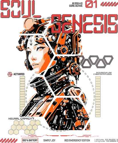 Soul Genesis Red Emergency Edition - Soul, Genesis, Cyberpunk, Sci-Fi, Soul Genesis, AI Fashion, Red Edition, Emergency Edition, Techwear, Futuristic, Gamer Shirt, Neon Future, Cyborg, Retro Sci-Fi, Geschenkidee, Nerd Fashion, Geek Style, Dystopian, Anime Cyberpunk, Robotic Art, AI Core, Cyber Soul