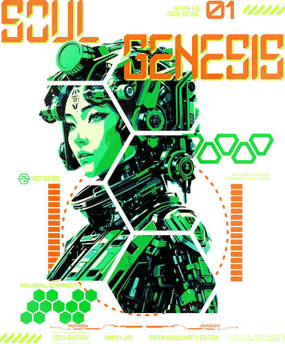 Soul Genesis - Green Singularity Edition - Cyberpunk, Sci-Fi, Soul Genesis, Green Singularity, Futuristic Fashion, Techwear, Posthuman Style, Neural Shift, Digital Awakening, System Reboot, Conscious Rebellion, Futurewear, Cyber Aesthetic, AI Culture, Glitch Art, Soft Resistance, Urban Cyberstyle, Mind Hack, Alternative Mode, Signal Disruptor