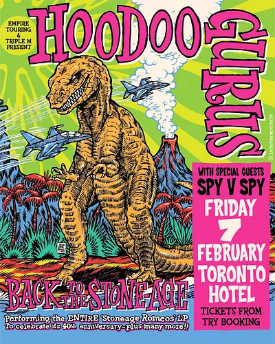 Hoodoo Gurus – Psychedelische Kunst mit Dinosaurier und Retro-Bubblegum-Pop der 80er - hoodoo gurus, loja macacorato, psychedelische kunst, bubblegum pop, t-rex poster, stoneage romeos, retro 80er, surfrock, powerpop, garage rock, australischer rock, neonfarben, comicstil, vintage poster, musikposter