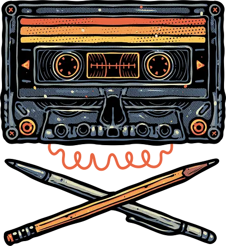 Crossbone Cassette - Retro, classic, vintage, cassette, cassette tape, pen, pencils