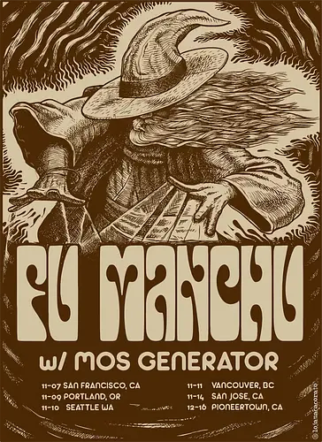 Fu Manchu – Psychedelische Stoner-Rock-Kunst mit Zauberer und Retro-Typografie der 70er - fu manchu, loja macacorato, stoner rock, psychedelische kunst, zauberer poster, retro typografie, 70er stil, wüstenrock, kalifornische band, magischer rock, underground kunst, mos generator, musik tour, vintage look, fuzz sound