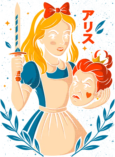 Off With Their Heads - alice, wonderland, queen of hearts, fairytale, dark fairy tale, retro, comic art, vintage design, sword, plot twist, badass girl, feminist art, japanese text, cute but deadly, pop culture, fantasy, warrior girl, surreal, rebel girl, magical