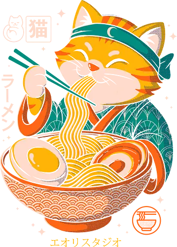 Japanese Ramen Cat - cat, ramen, japanese food, kawaii art, cute illustration, pop culture, japanese illustration, funny cat, noodle bowl, anime cat, geek art, foodie art, manga style, samurai cat, chopsticks cat, happy cat