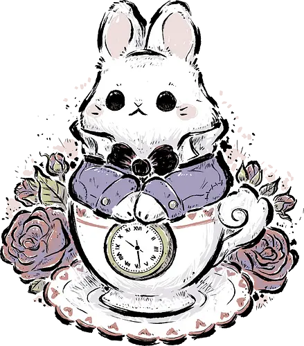 Cute White Rabbit Tea Cup - white rabbit, cute white rabbit, kawaii white rabbit, tea cup, tea time, pocket watch, alice in wonderland, vintage, cute bunny, fantasy, rose, animal, pastel, sketch, xmorfina