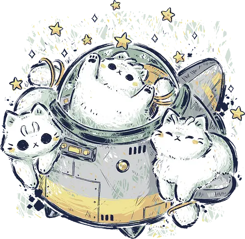 Cute Alien Cats Spaceship - alien cat, cute alien cat, kawaii alien cat, white, stars, space, cute spaceship, sci fi, fantasy, astronaut, pastel, illustartion, xmorfina
