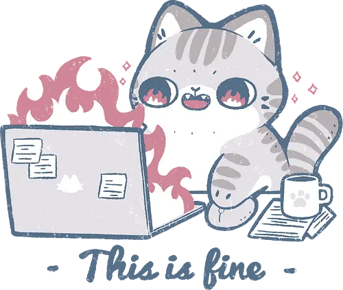 This is fine cat working - this is fine, office, work, meme, cute cat, kawaii cat, working, laptop, pc, humor, funny, burnout, positive, tabby cat, xmorfina