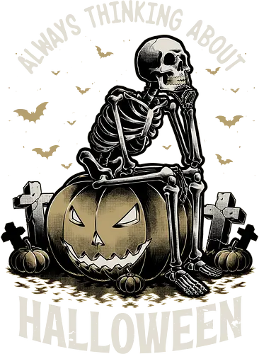 The Halloween Thinker - Halloween, Halloween Art, Halloween Design, Spooky, Spooky Season, Spooky Art, Spooky Cute, Creepy, Skeletons, Skeleton, Funny Skeleton, Scary, Scary Cute, Skull, Bat, Pumpkin, Graveyard, Pumpkins, Overthinker, Think, Pumpkin Carving, Pumpkin Head, Night, Thinking, Overthinking, Overthink
