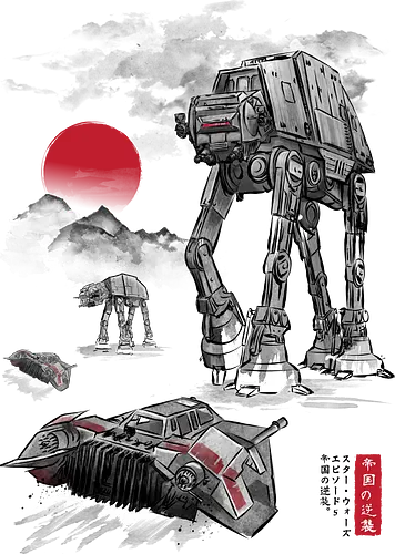 Defense of Echo Base sumi e - anime, manga, japan, japanese art, retro, vintage, Space Opera, atat, galaxy, space, sci fi