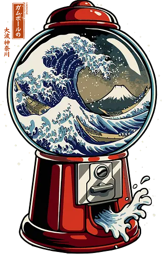 Die große Gumball-Welle - Kaugummi, Welle, Kanagawa-Welle, Kaugummiautomat, Pop-Art, Ästhetik, Illustration, Japan, Japanisch, Lustig, Geek, Die Große Welle von Kanagawa, Anime