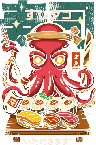 Octopus Sushi Master - Pop-Art, Geek, Oktopus, Sushis, Sushi, Japan, Japanisch, Essen, Illustration, Ästhetik, Anime, Manga, Kanji, Humor, lustig, lm2kone