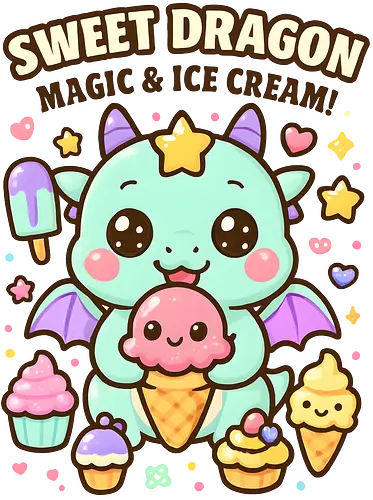 Süßer süßer Drache - Kawaii, Drache, süß, süßer Drache, lm2kone, Eiscreme, Essen, Feinschmecker, kawaii Drache, ästhetisch, Illustration, Geek, Süßigkeiten, süß, Sommer, lm2kone