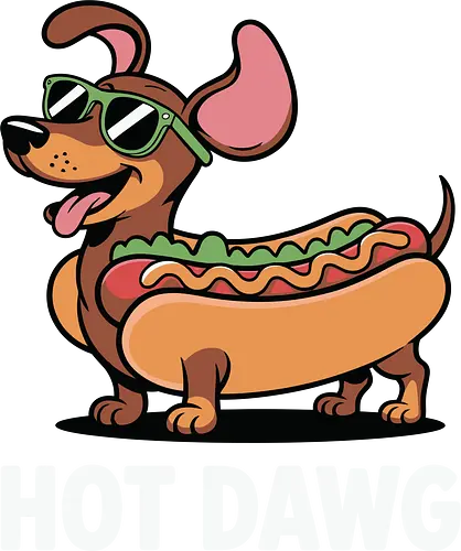 HOT DAWG - dachshund, hot dog, sunglasses, humor, playful, typography, brown background, pun, whimsical, toppings