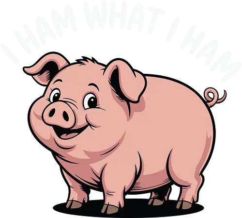 I HAM WHAT I HAM - pig, cartoon, humor, typography, pun, phrase, cheerful, brown background, playful, cute