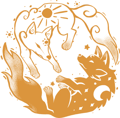Sun and Moon Golden Wolves - Sonne und Mond, himmlischer Wolf, Mondwolf, Sonnenwolf, goldene Wölfe, spiritueller Wolf, kosmischer, Wolf, Gold, Goldwolf, sun and moon, celestial wolf, moon wolf, sun wolf, golden wolves, spiritual wolf, cosmic, wolf, gold, gold wolf
