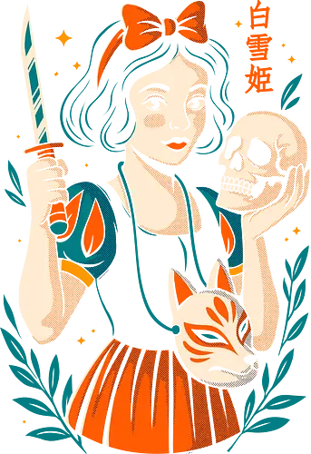 Snow Blade - snow white, samurai, kitsune mask, dark fairytale, modern princess, skull art, japanese folklore, edgy design, warrior girl, alternative fashion, gothic humor, tattoo style, sword girl, brave heroine, bold aesthetic, creepy cute