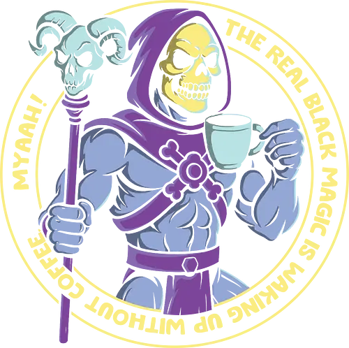 Myaah! Coffee - geek coffee, funny art, nostalgic villain, sarcastic humor, pop culture, dark magic coffee, skeleton art, t-shirt design, nerd gift, humorous fanart, coffee lover, dark humor, retro style, classic character, geek joke, black magic caffeine, villain drinking coffee
