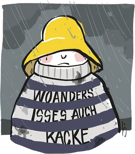 Woanders ist es auch kacke  - deutsch, Urlaub, Beach, Ringelpullisprüche, Ringeldinger, streifenweise, Spruch, Weisheit, woanders, Misanthrop, Motivation, Ringelpulli, SprücheShirt, Cartoon Illustration, Statement, Handgezeichnet, Humor, Selbstironie, Streifenpulli, Spruchshirt