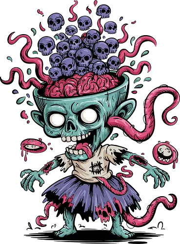 Creepy Zombie with Brain and Skulls Halloween Art - Creepy zombie, zombie art, skulls, brain, Halloween, horror, macabre, bizarre, unsettling, cartoon zombie, monster, undead, gore, spooky, Halloween decoration, horror fan, weird art, grotesque, horror illustration, unusual art
