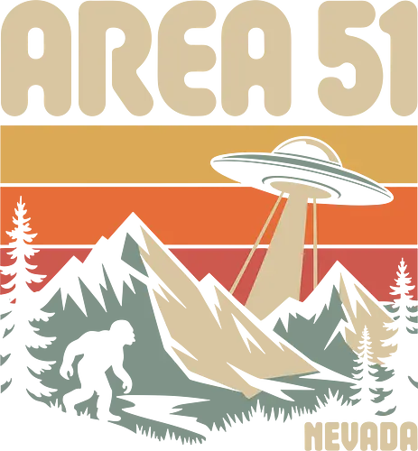 Area 51 Nevada Bigfoot and UFO Retro Art - Area 51, UFO, Bigfoot, Sasquatch, Nevada, retro, vintage, conspiracy theory, alien, unidentified flying object, paranormal, mystery, desert, mountains, pine trees, sci-fi, unexplained, cryptid, UFO art, Bigfoot art