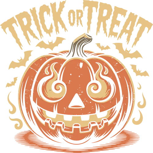 Trick or Treat" Flaming Jack-O'-Lantern Halloween Art - Trick or treat, Halloween, jack-o'-lantern, pumpkin, spooky, flaming pumpkin, bats, retro, vintage Halloween, Halloween art, festive, October, holiday, scary, fire, pumpkin carving, spooky decor, Halloween fan