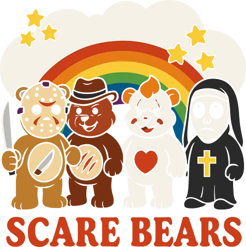 Scare Bears" Horror Movie Care Bears Parody Art - Scare Bears, Care Bears parody, horror movie, Jason Voorhees, Freddy Krueger, The Nun, horror humor, mashup, spooky cute, slasher film, classic horror, scary bears, funny Halloween, pop culture, horror fan, horror art, unique gift, horror parody